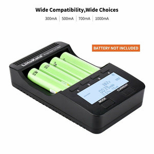 Liitokala Lii-500 LCD Display 18650/26650 Speedy Rechargeable Lithium Battery Charger with Adaptor - a black four-slot device holding three green cylindrical batteries with an LCD screen displaying voltage and capacity.