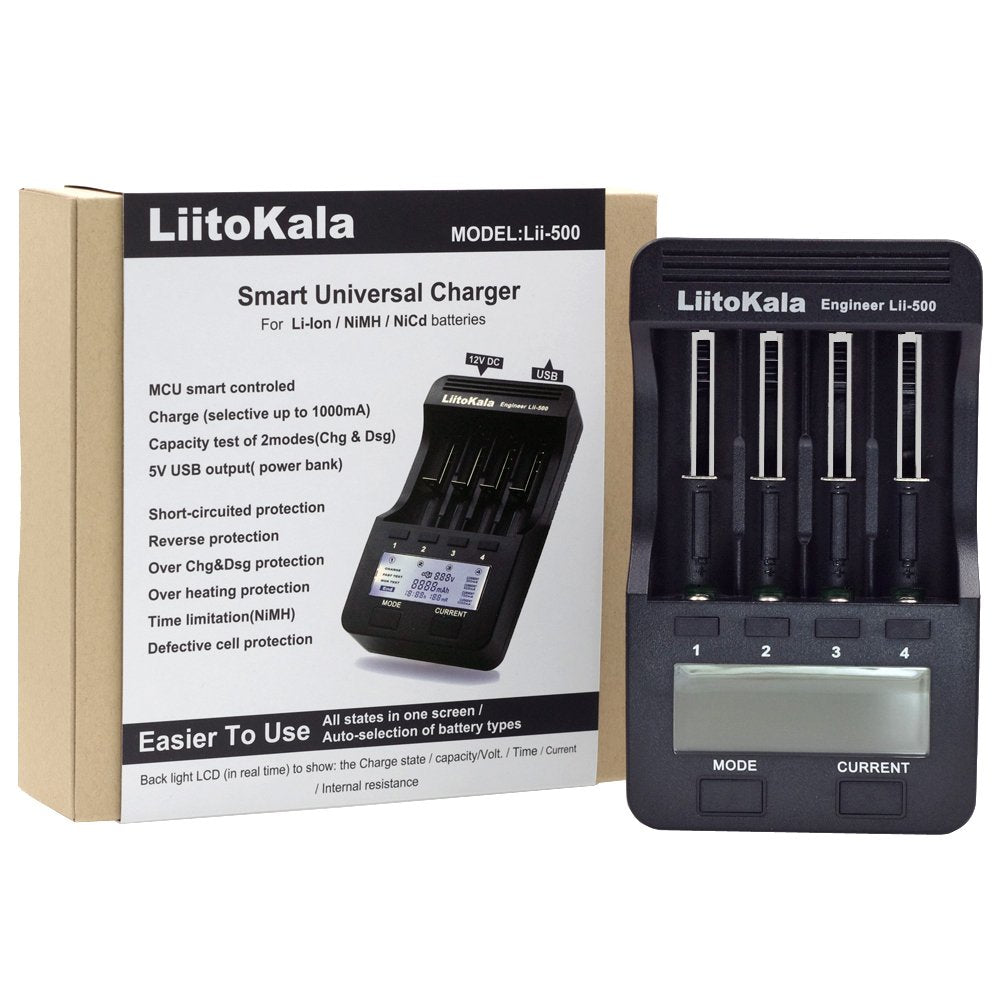 Liitokala Lii-500 LCD Display 18650/26650 Speedy Rechargeable Lithium Battery Charger with Adaptor - shown with its cardboard packaging, featuring four charging slots, a digital LCD screen, and mode and current buttons.