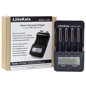 Liitokala Lii-500 LCD Display 18650/26650 Speedy Rechargeable Lithium Battery Charger with Adaptor - shown with its cardboard packaging, featuring four charging slots, a digital LCD screen, and mode and current buttons.