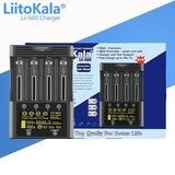 Liitokala Lii-600 Smart battery Charger and Tester With Power Supply - shown with its product box, featuring four charging slots, control buttons, and a digital display showing battery data.