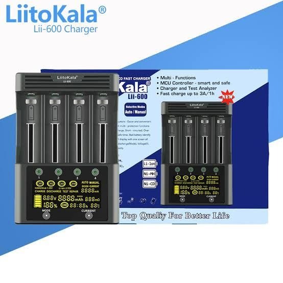 Liitokala Lii-600 Smart battery Charger and Tester With Power Supply - shown with its product box, featuring four charging slots, control buttons, and a digital display showing battery data.