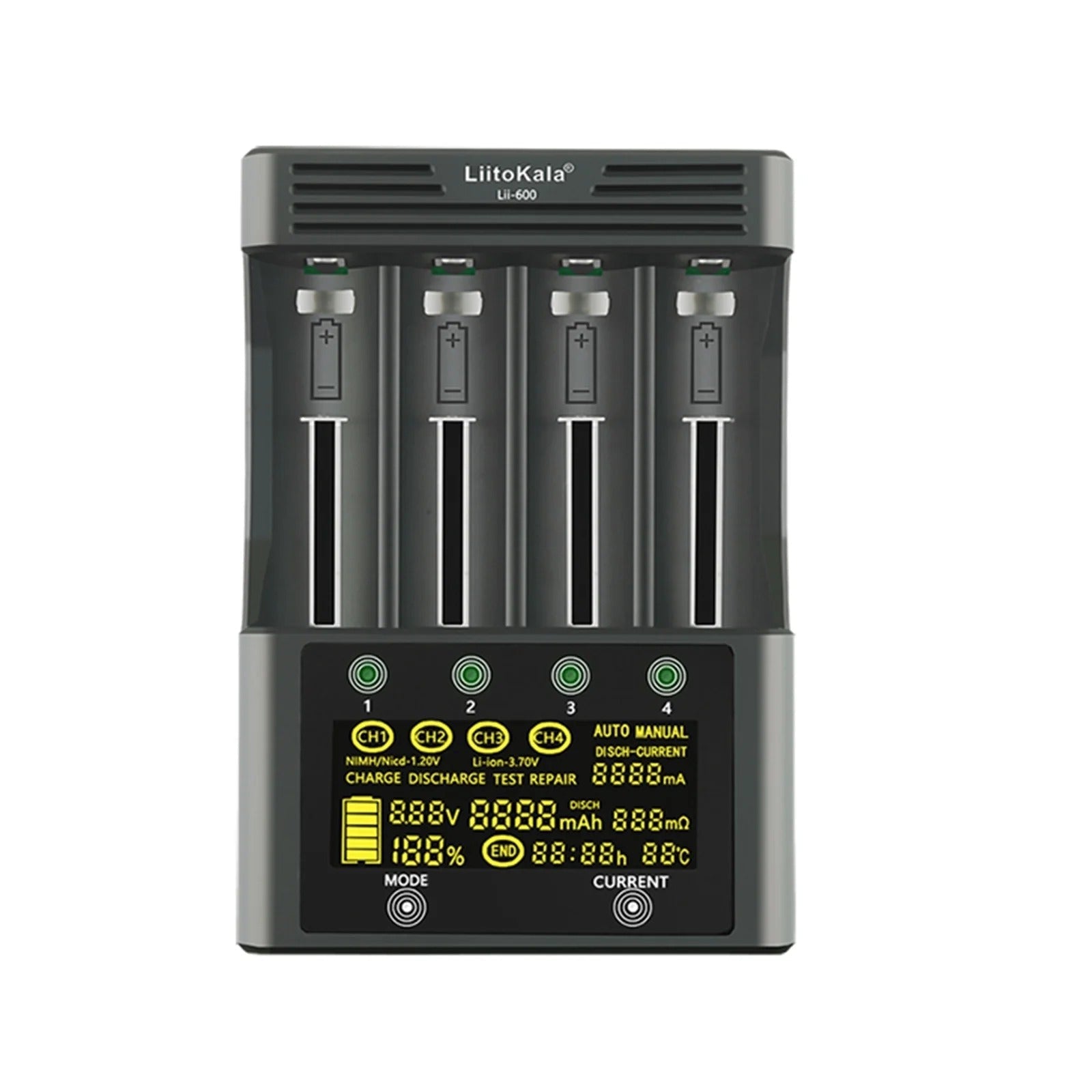 Liitokala Lii-600 Smart battery Charger and Tester With Power Supply - a black four-slot device with a front-facing digital display showing battery status, mode, and current settings.