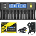 Liitokala LII-S12 18650 Battery Charger – 12+2 Bay Smart Universal Charger - shown with its black 12-bay unit, digital display, control buttons, yellow retail box, car adapter, and power cable.