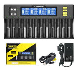 Liitokala LII-S12 18650 Battery Charger – 12+2 Bay Smart Universal Charger - shown with its black 12-bay unit, digital display, control buttons, yellow retail box, car adapter, and power cable.