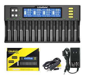 Liitokala LII-S12 18650 Battery Charger – 12+2 Bay Smart Universal Charger - shown with its black 12-bay unit, digital display, control buttons, yellow retail box, car adapter, and power cable.