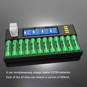 Liitokala LII-S12 18650 Battery Charger – 12+2 Bay Smart Universal Charger - with 12 green batteries and two white 9V batteries inserted, showing an LCD screen with voltage and channel data.