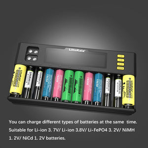 Liitokala LII-S12 18650 Battery Charger – 12+2 Bay Smart Universal Charger - a black 12-bay smart charger with a digital display, control buttons, and various lithium and NiMH batteries.