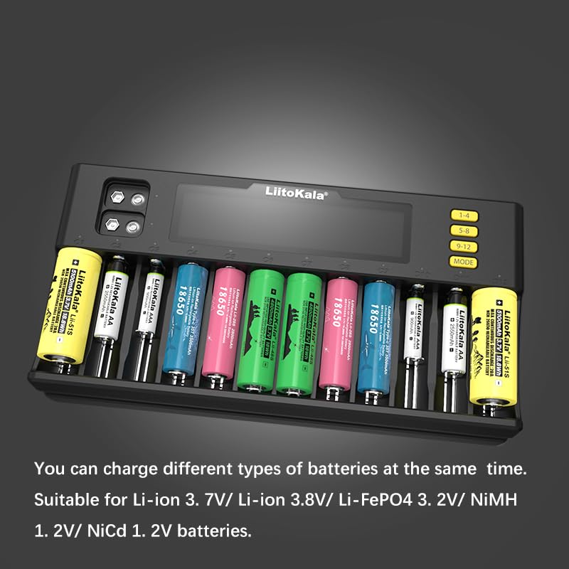 Liitokala LII-S12 18650 Battery Charger – 12+2 Bay Smart Universal Charger - a black 12-bay smart charger with a digital display, control buttons, and various lithium and NiMH batteries.