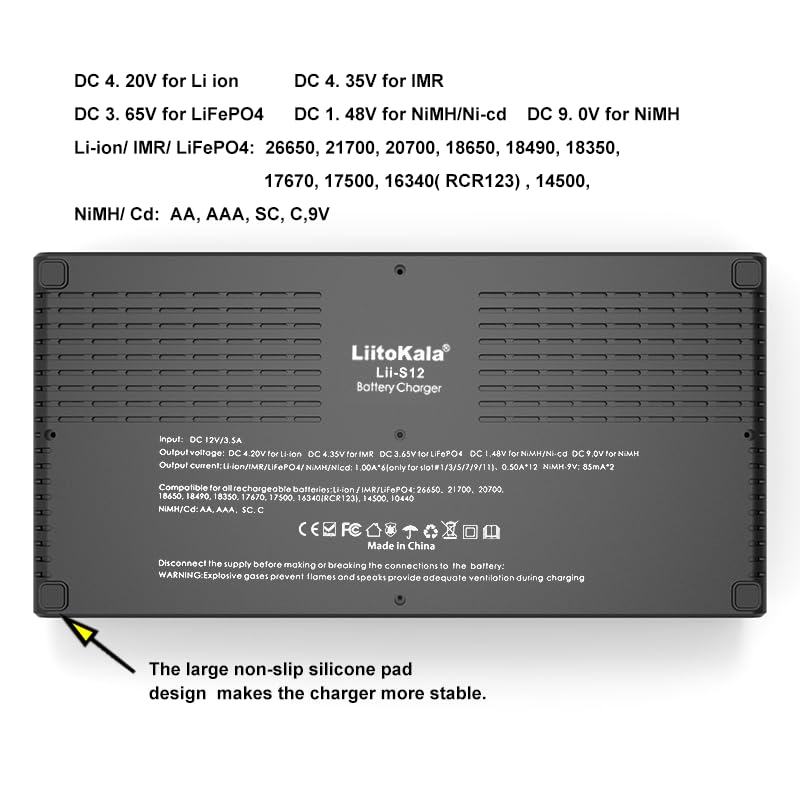 Liitokala LII-S12 18650 Battery Charger – 12+2 Bay Smart Universal Charger - the black rectangular underside with ventilation slots, rubber feet, and printed technical specifications.