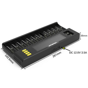 Liitokala LII-S12 18650 Battery Charger – 12+2 Bay Smart Universal Charger - a black 12-bay charger with four yellow buttons, a central display, and a DC 12.0V 3.5A input port with dimensions.