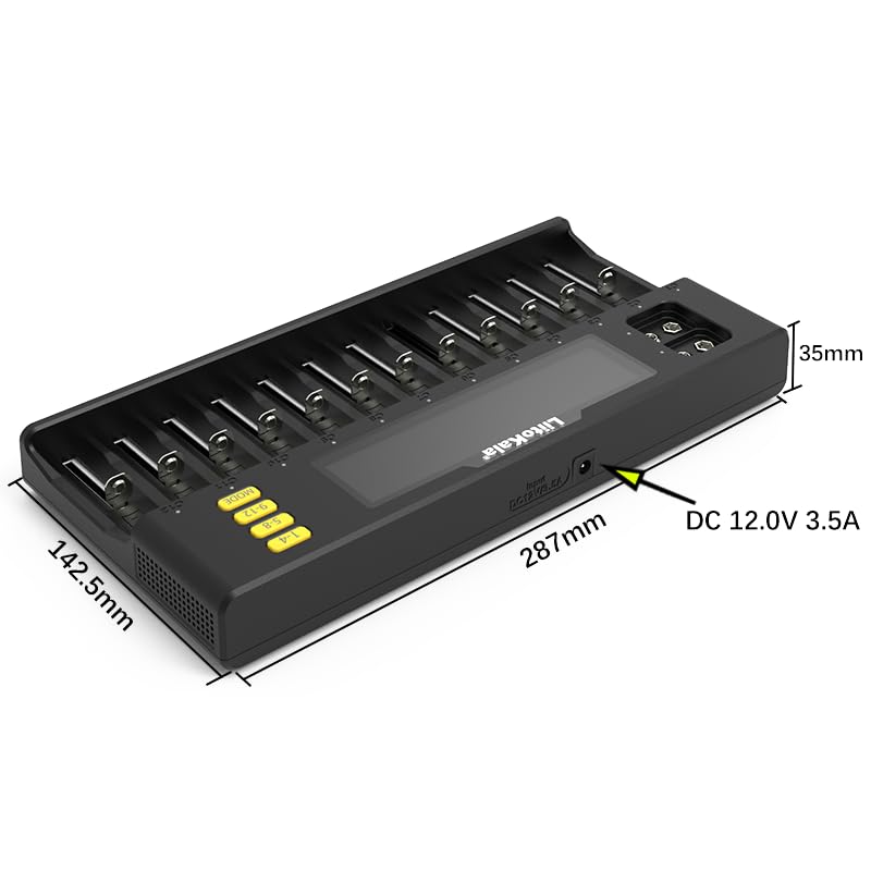 Liitokala LII-S12 18650 Battery Charger – 12+2 Bay Smart Universal Charger - a black 12-bay charger with four yellow buttons, a central display, and a DC 12.0V 3.5A input port with dimensions.