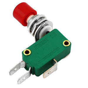 Limit Switch With Fitting - a green rectangular microswitch with a red push-button actuator and three metal terminal connectors.