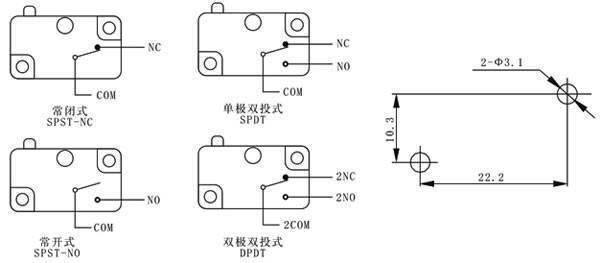 Limit Switch With Fitting - four schematic circuit diagrams for different switch configurations and a technical mounting dimension drawing.