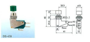 Limit Switch With Fitting - a green-capped push-button switch with metal housing and a technical dimension diagram with labels.