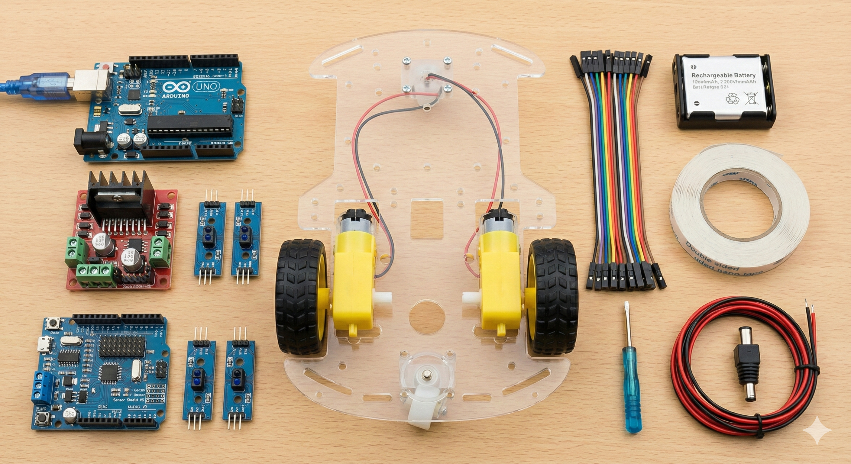 Line Following Robot 2wd With L298 - kit components laid out including an Arduino Uno, motor driver, chassis with wheels, sensors, battery holder, and wires.