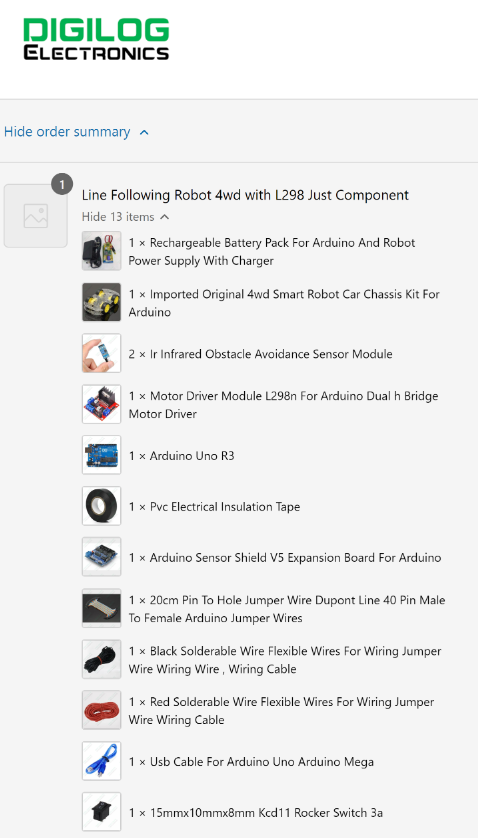 Line Following Robot 4wd with L298 Just Component - shown as a list of individual electronic components, wires, and a robot chassis kit.