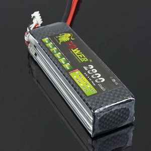 Lion Power 3s LiPo Battery 11.1 v 2800 mAh 35C Max 50C 11.1V 2800mAh - a rectangular black carbon-fiber patterned pack with a white balance connector and red and black power wires.