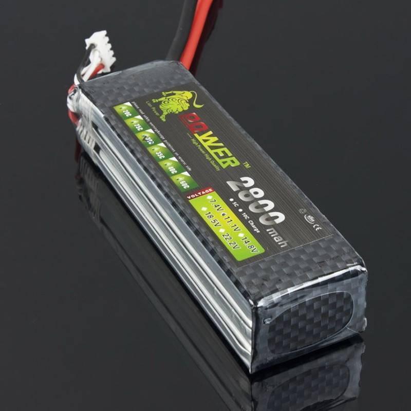 Lion Power 3s LiPo Battery 11.1 v 2800 mAh 35C Max 50C 11.1V 2800mAh - a rectangular black carbon-fiber patterned pack with a white balance connector and red and black power wires.