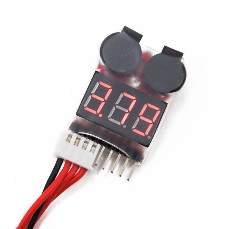 LiPo Buzzer Battery Voltage Indicator Volt Meter Battery Level Tester 1s-8s With Buzzer - a small device with a red three-digit LED display, two black buzzers, and a multi-wire connector.