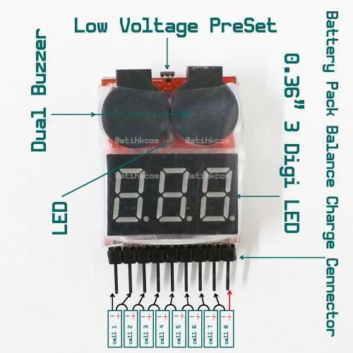 LiPo Buzzer Battery Voltage Indicator Volt Meter Battery Level Tester 1s-8s With Buzzer - a red circuit board with a 3-digit LED display, two black buzzers, and a multi-pin connector for battery cells.