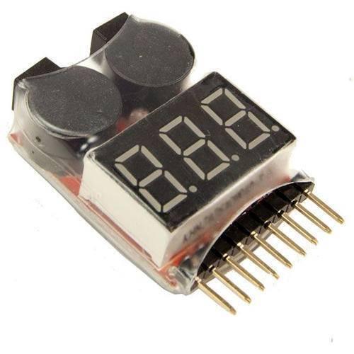 LiPo Buzzer Battery Voltage Indicator Volt Meter Battery Level Tester 1s-8s With Buzzer - a small electronic module with a three-digit LED display, two black buzzers, and a row of metal connector pins.