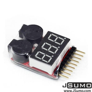 LiPo Buzzer Battery Voltage Indicator Volt Meter Battery Level Tester 1s-8s With Buzzer - a red circuit board with two black circular buzzers, a three-digit LED display, and pins.