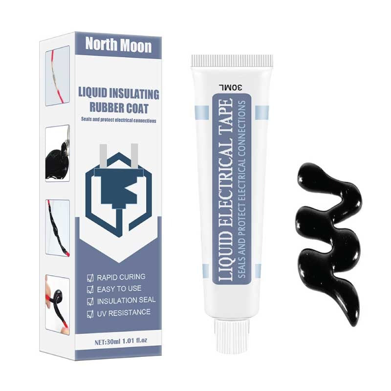 Liquid Insulating Rubber Coat - shown with its white and blue retail box, a 30ml squeeze tube, and a black smear of the liquid rubber product.