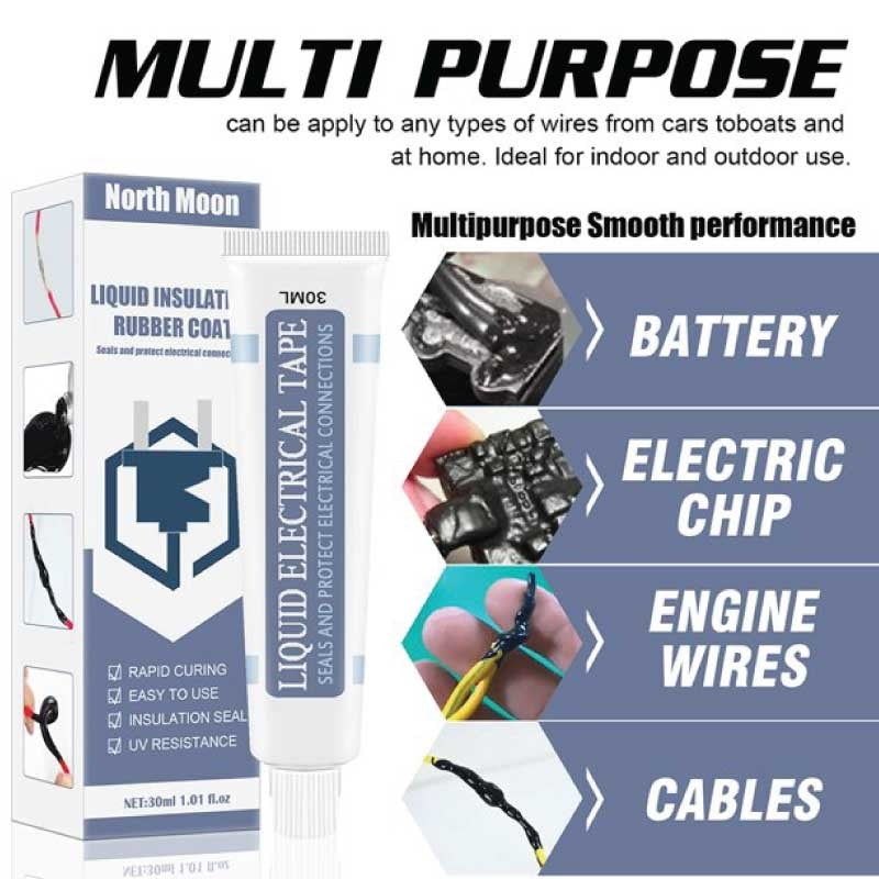 Liquid Insulating Rubber Coat - shown as a 30ml tube next to its product box, with four inset photos demonstrating its application on wires and components.