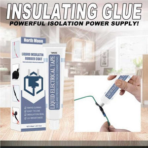Liquid Insulating Rubber Coat - shown as a white tube and its matching cardboard packaging, with a hand applying the black liquid to a green wire.