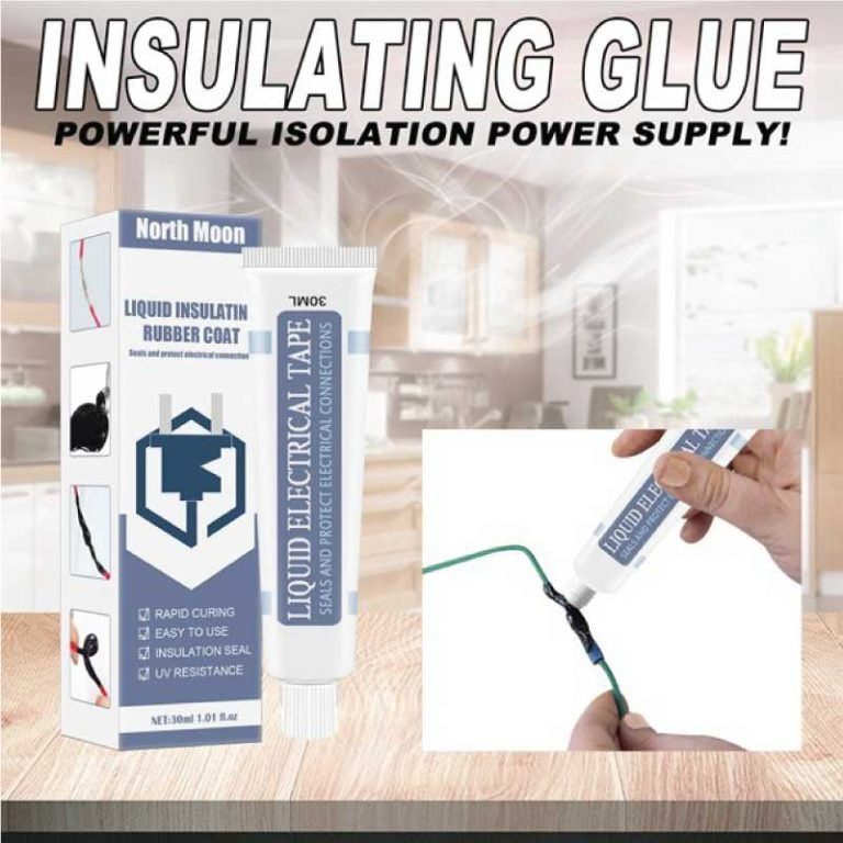 Liquid Insulating Rubber Coat - shown as a white tube and its matching cardboard packaging, with a hand applying the black liquid to a green wire.