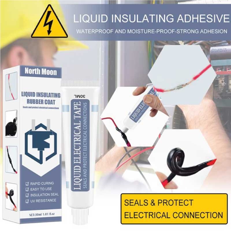 Liquid Insulating Rubber Coat - shown as a white tube and its matching cardboard packaging box, with inset photos demonstrating its application on wires.