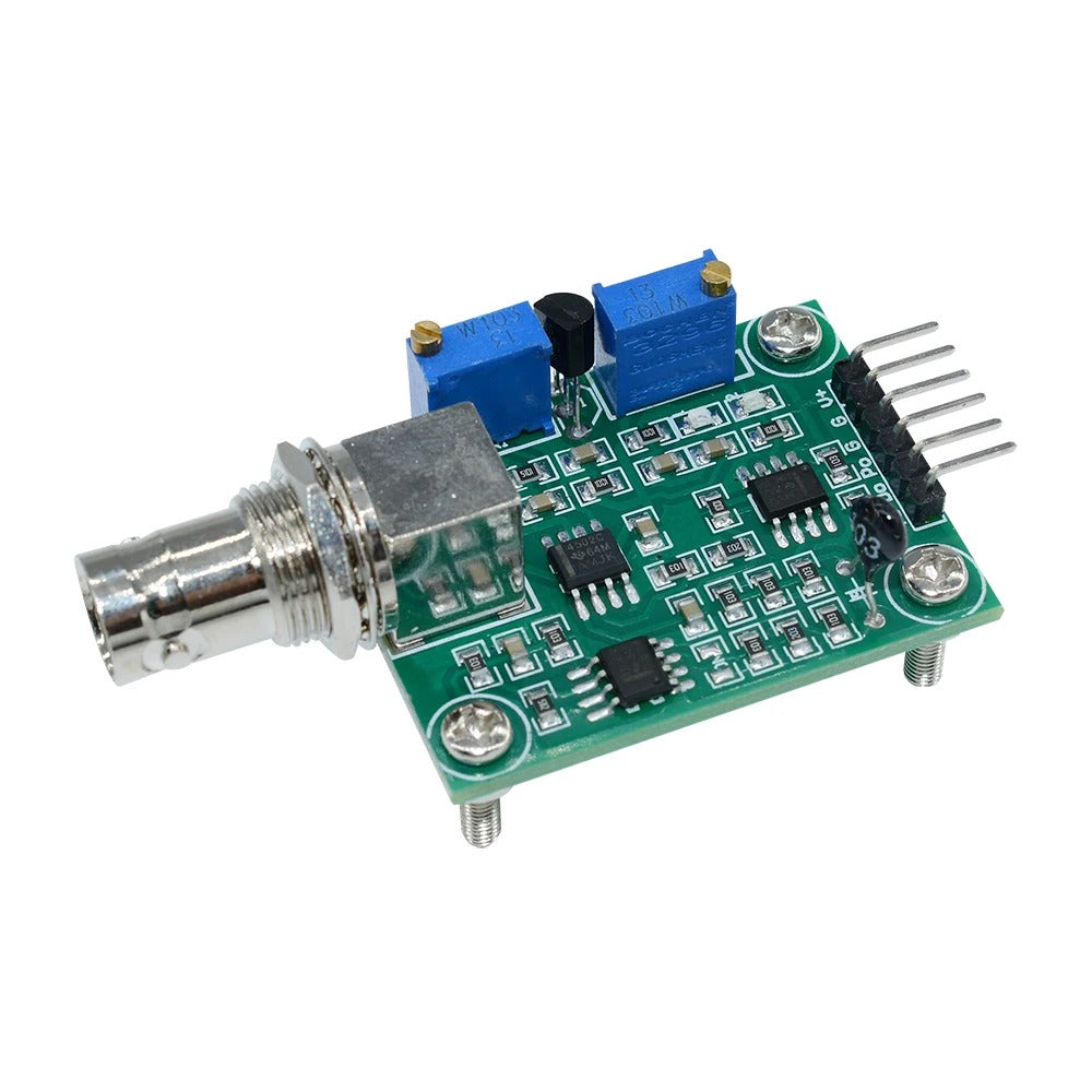 Liquid Ph Value Detection Regulator Sensor Module - a green circuit board, two blue potentiometers, a BNC connector, and a six-pin header.