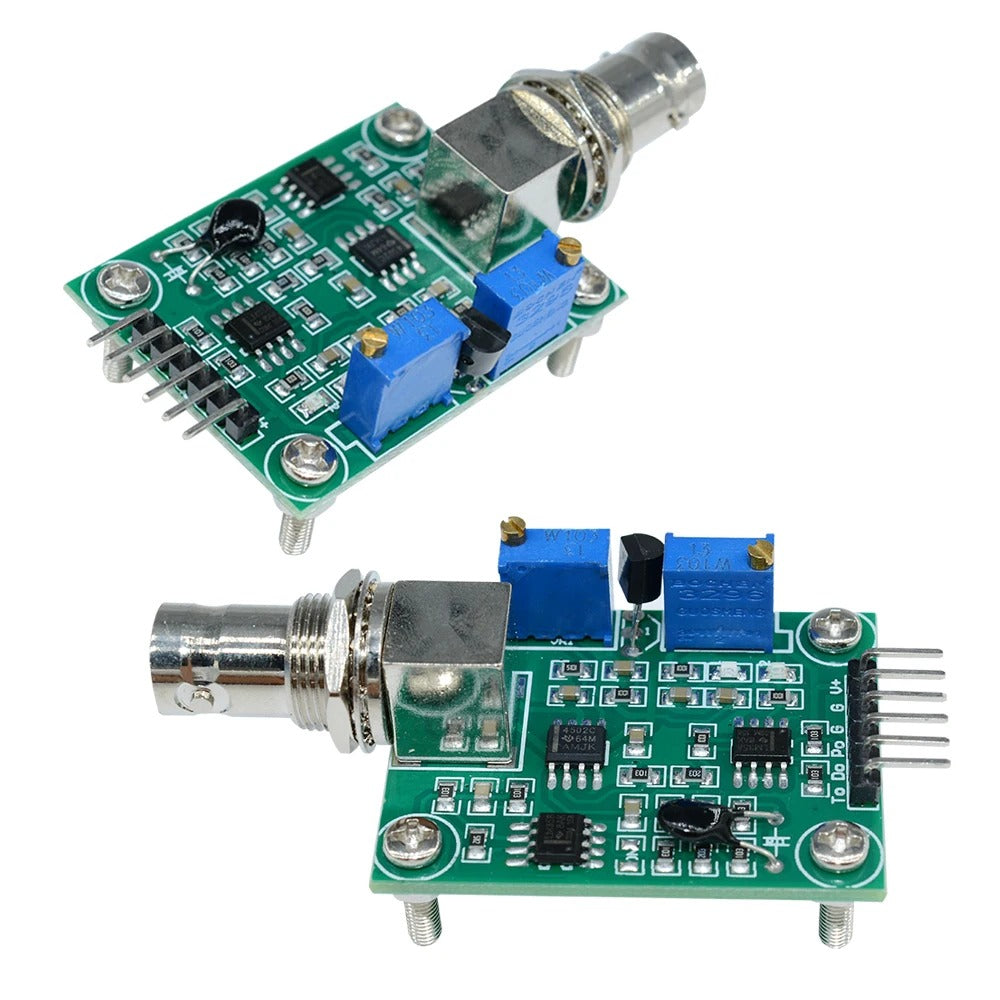 Liquid Ph Value Detection Regulator Sensor Module - shown from two angles, featuring a green circuit board, a BNC connector, and two blue potentiometers.