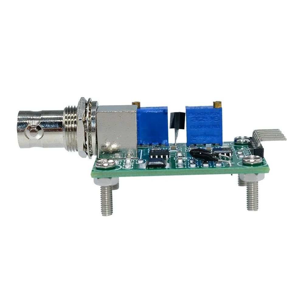 Liquid Ph Value Detection Regulator Sensor Module - a BNC connector, two blue potentiometers, and a green circuit board with mounting hardware.
