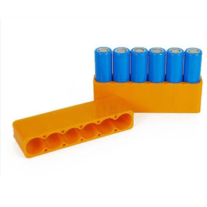 Lithium Battery Fixture Single Row Double-sided 18650 Battery Spot Welding Fixer Battery Pack Fast Welding Fixed Bracket G8tb - six blue cylindrical batteries inside an orange plastic bracket.