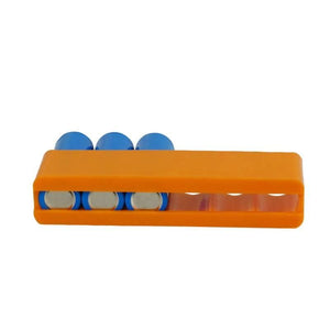 Lithium Battery Fixture Single Row Double-sided 18650 Battery Spot Welding Fixer Battery Pack Fast Welding Fixed Bracket G8tb - an orange plastic bracket holding three blue cylindrical batteries.