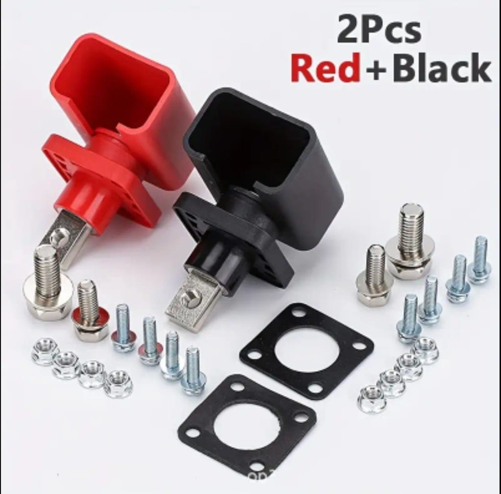Lithium Battery Power Terminal All-Copper Quick Connector Pair 120A - one red and one black connector with included mounting screws and gaskets.