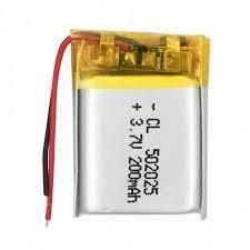 Lithium Polymer Battery 200mAh 3.7V - shown as a rectangular silver cell with yellow tape, a protection circuit, and two loose red and black wires.