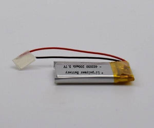 Lithium Polymer Battery 200mAh 3.7V - a rectangular silver battery with yellow tape on one end and red and black wires ending in a small white connector.