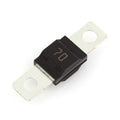 Littelfuse Midi Bolt-down Fuse 70A, 498 Series, 32VDC, Time Delay, 0498070 - a black, rectangular bolt-down fuse with metal mounting tabs on each end and the number 70 printed on its body.