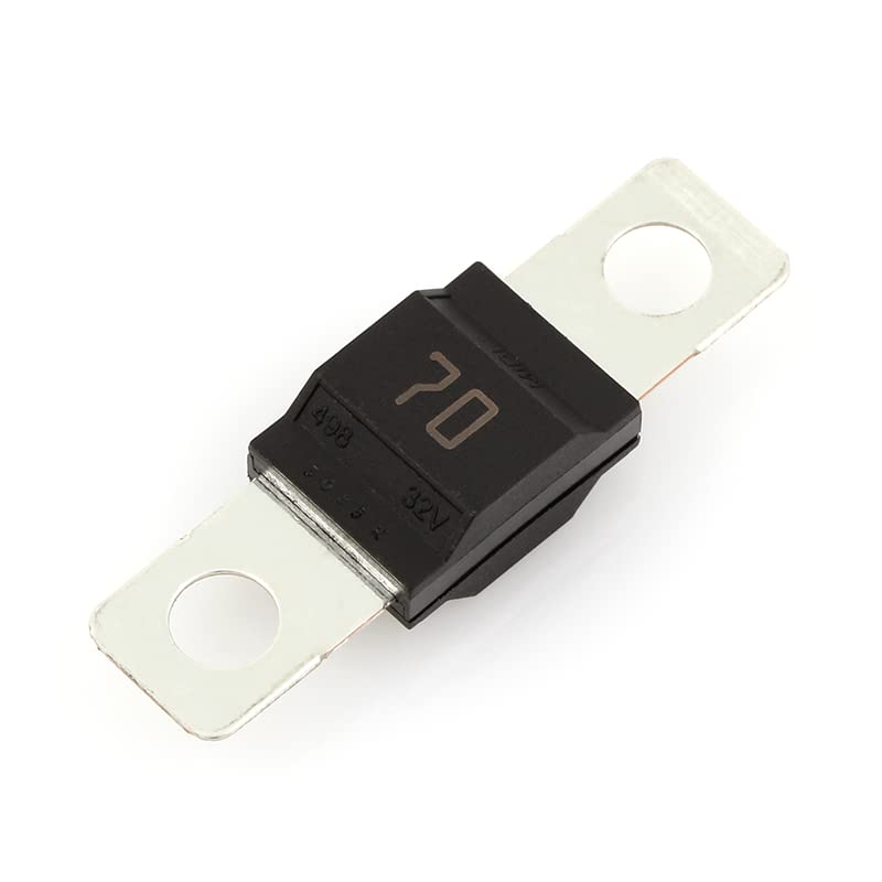 Littelfuse Midi Bolt-down Fuse 70A, 498 Series, 32VDC, Time Delay, 0498070 - a black, rectangular bolt-down fuse with metal mounting tabs on each end and the number 70 printed on its body.