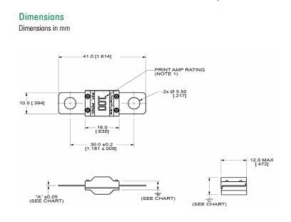 Littelfuse Midi Bolt-down Fuse 70A, 498 Series, 32VDC, Time Delay, 0498070 - dimensions in millimeters, including mounting hole diameters and component width.