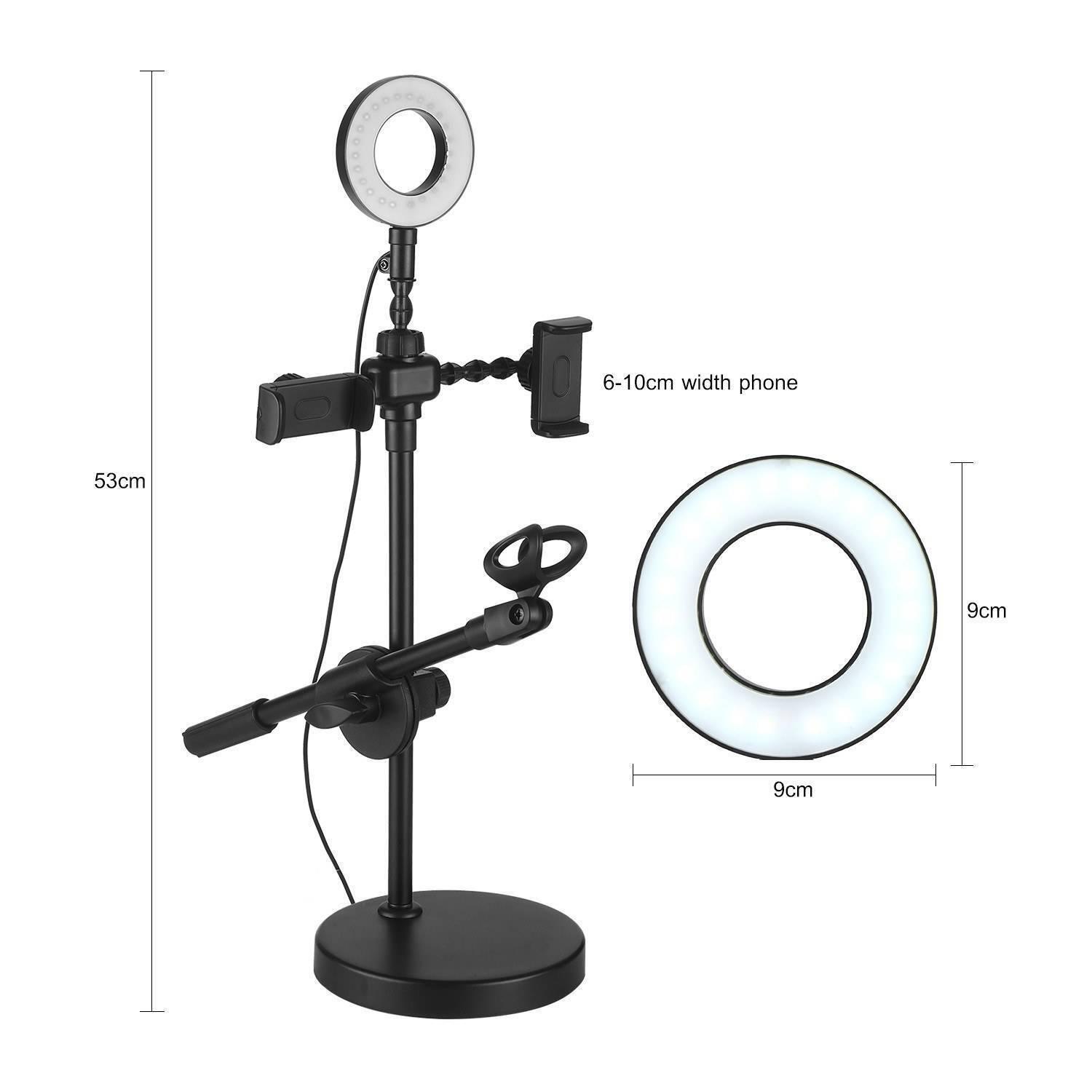 Live Stream Ring Light With Phone Holder And Microphone Stand 3 Light Modes 9 Brightness Level - a black stand with a ring light, two phone holders, and a microphone clip.