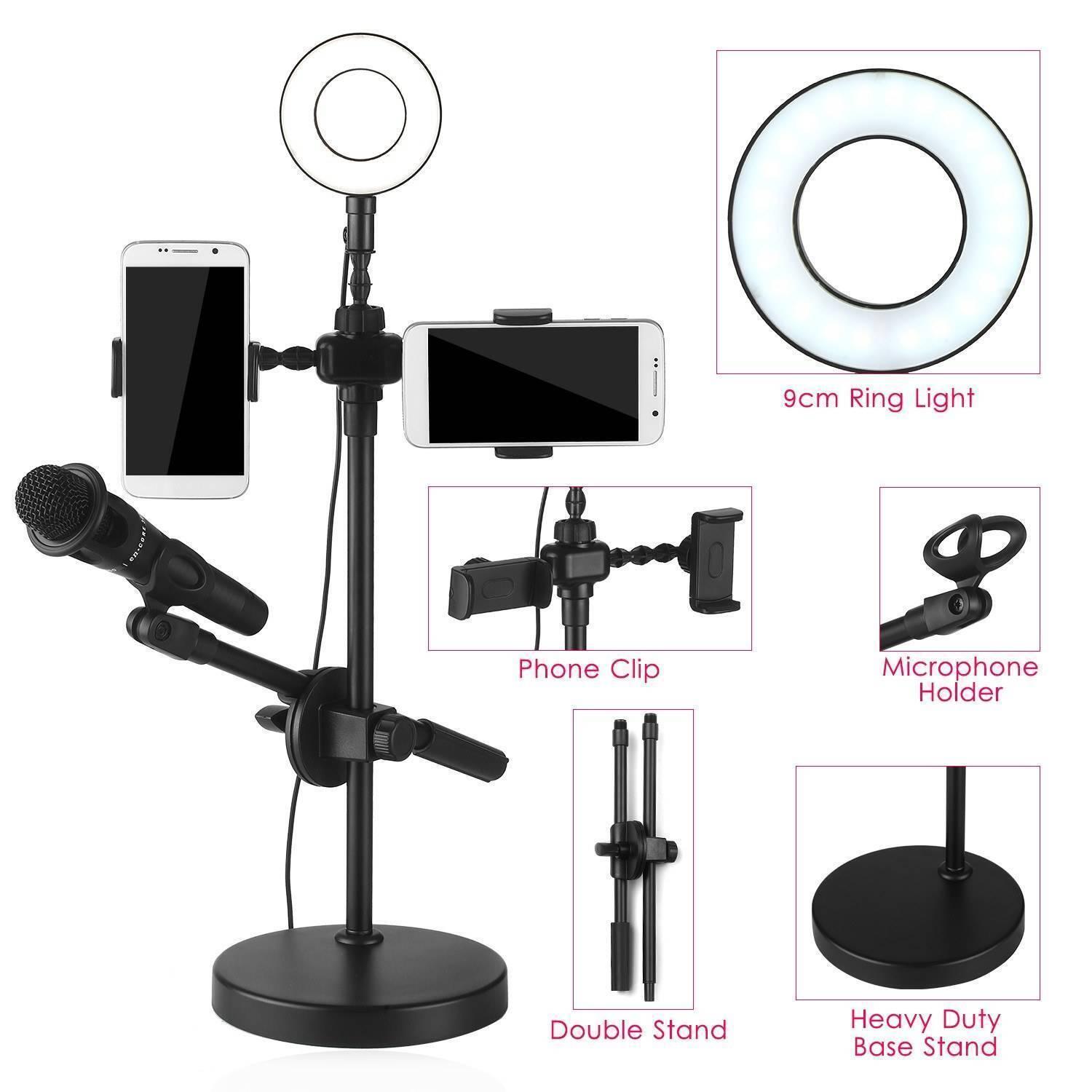 Live Stream Ring Light With Phone Holder And Microphone Stand 3 Light Modes 9 Brightness Level - a black desk stand with a 9cm ring light, two phone clips, and a microphone holder.