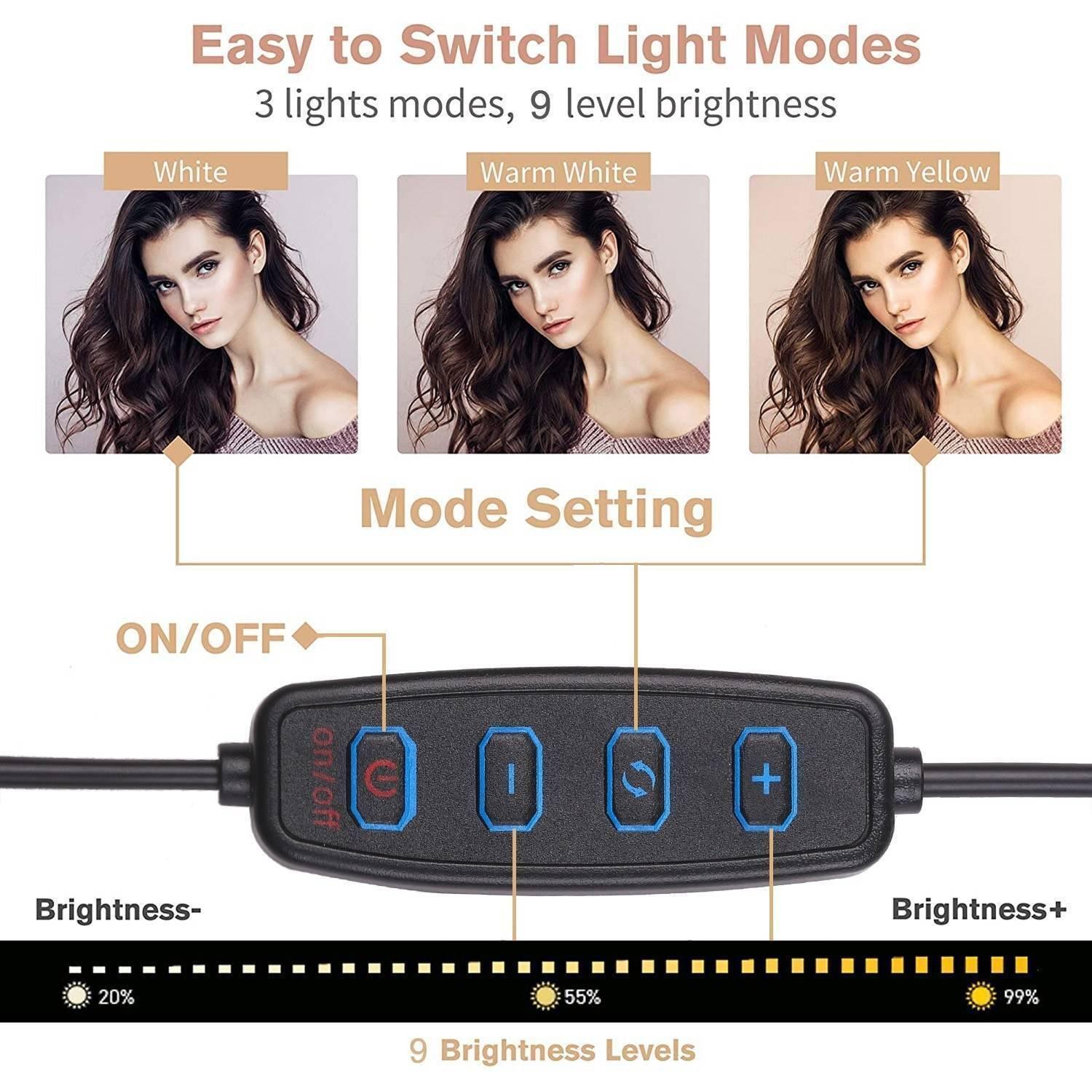Live Stream Ring Light With Phone Holder And Microphone Stand 3 Light Modes 9 Brightness Level - a controller with four buttons and a diagram of three lighting modes and brightness.