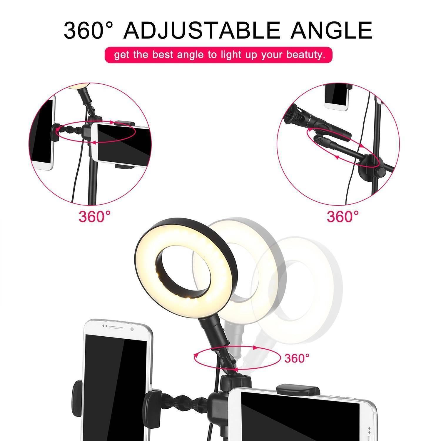 Live Stream Ring Light With Phone Holder And Microphone Stand 3 Light Modes 9 Brightness Level - 360-degree adjustable angles for the ring light, phone holder, and microphone mount.