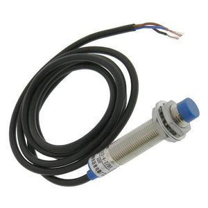 LJ12A3-4-J/BY (proximity Sensor, Inductive, NPN-no Output) - a cylindrical metal body, a blue plastic tip, and an attached black three-wire electrical cable.
