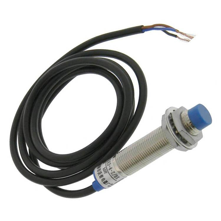 LJ12A3-4-J/BY (proximity Sensor, Inductive, NPN-no Output) - a cylindrical metal body, a blue plastic tip, and an attached black three-wire electrical cable.