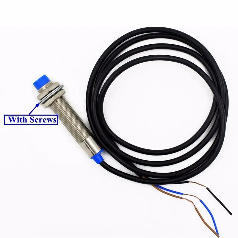 LJ12A3-4-J/BY (proximity Sensor, Inductive, NPN-no Output) - with a cylindrical metal body, a blue tip, two metal nuts, and a black cable with three exposed wire ends.