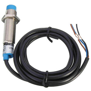 LJ12A3-4-J/BY (proximity Sensor, Inductive, NPN-no Output) - with a blue-tipped cylindrical metal housing, a black cable, and exposed wire ends.